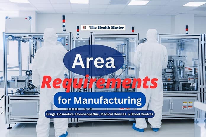 Area requirements for manufacturing of Drugs, Cosmetics, Homoeopathic & Blood Centre